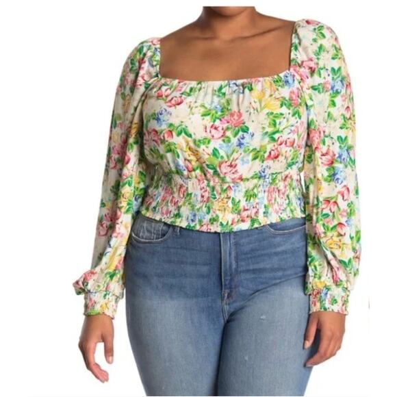 AFRM Tops - Afrm Cropped Floral Top Womens 1X Pink Green Balloon Long Sleeve Smocked